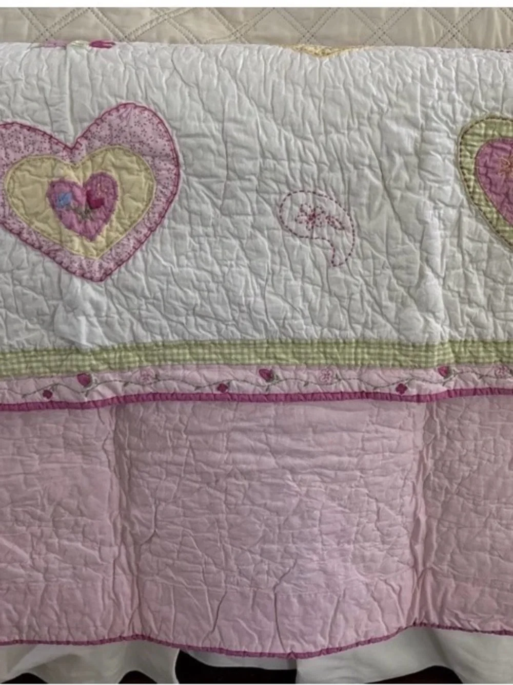 Vintage POTTERY BARN KIDS Crib Toddler Quilt Blanket Pink Green Gingham Hearts